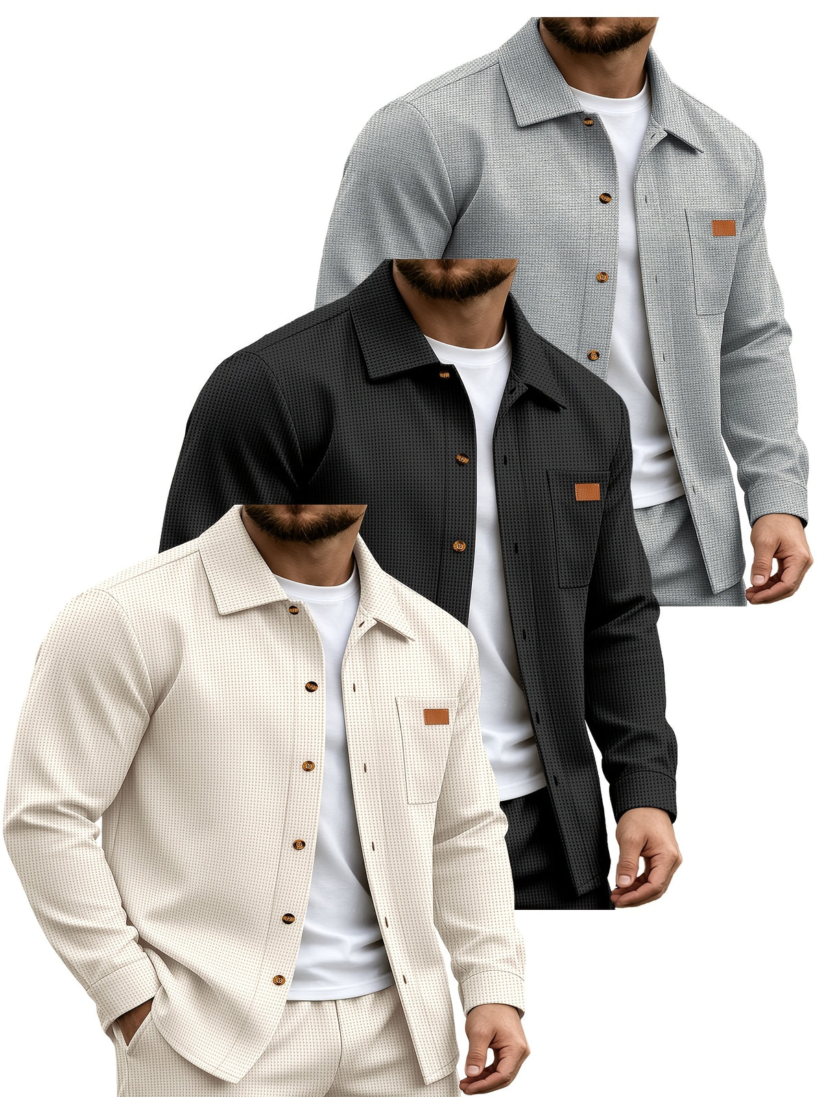 Men'S 3pcs Long Sleeve Shirt Set, Contrast Collar Faux Pocket Pullover Top, Casual Slim Fit Spring Autumn Daily Wear Shirt, Men'S Multi-Piece Outdoor Business Casual Attire - Mixed Color 4