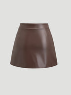 Elegant Vintage High-Waisted Pleated Brazilian PU Side Slit Flared A-Line Mini Skirt for Women, Y2K Clothing - Dark Brown