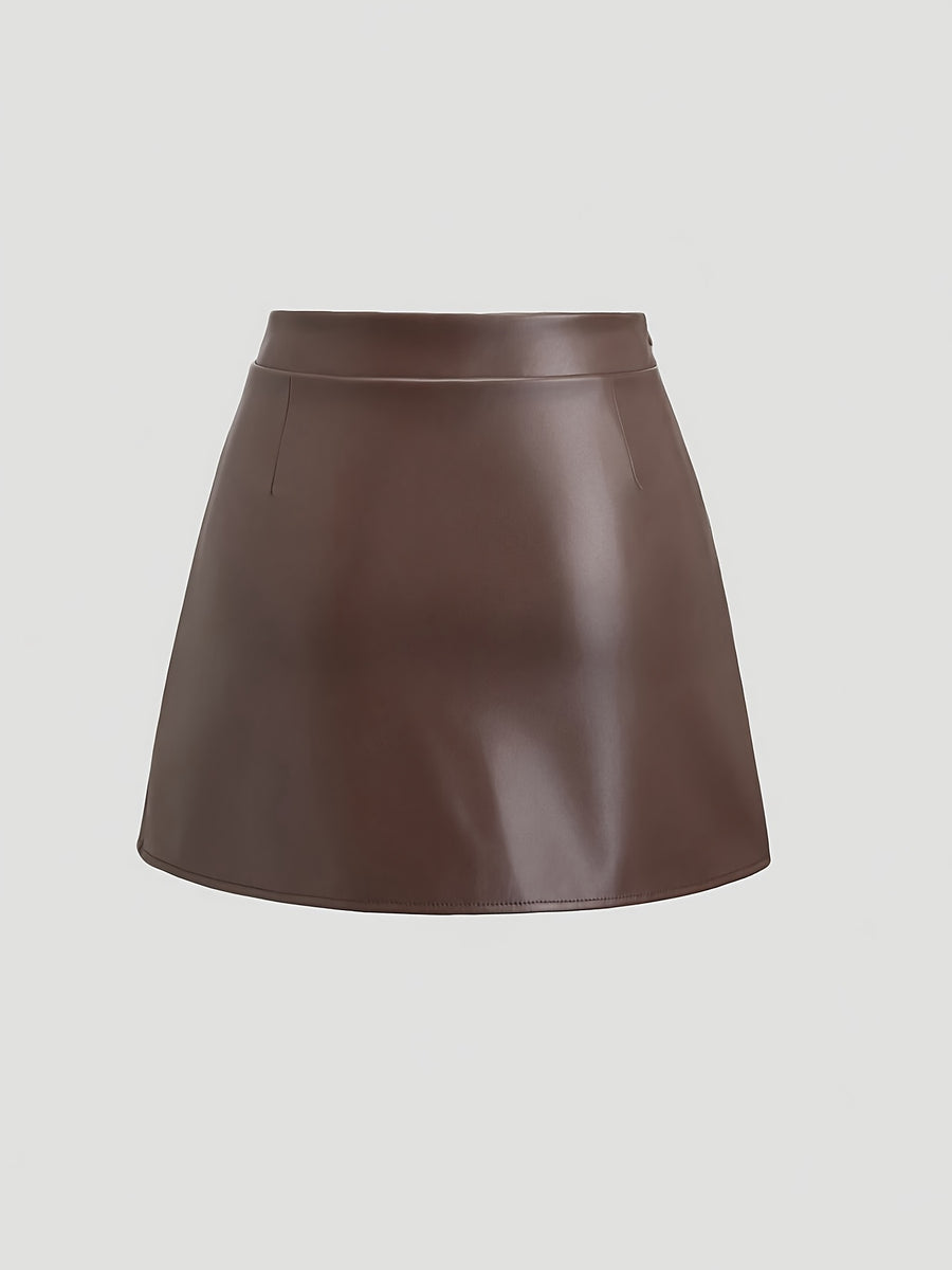 Elegant Vintage High-Waisted Pleated Brazilian PU Side Slit Flared A-Line Mini Skirt for Women, Y2K Clothing - Dark Brown