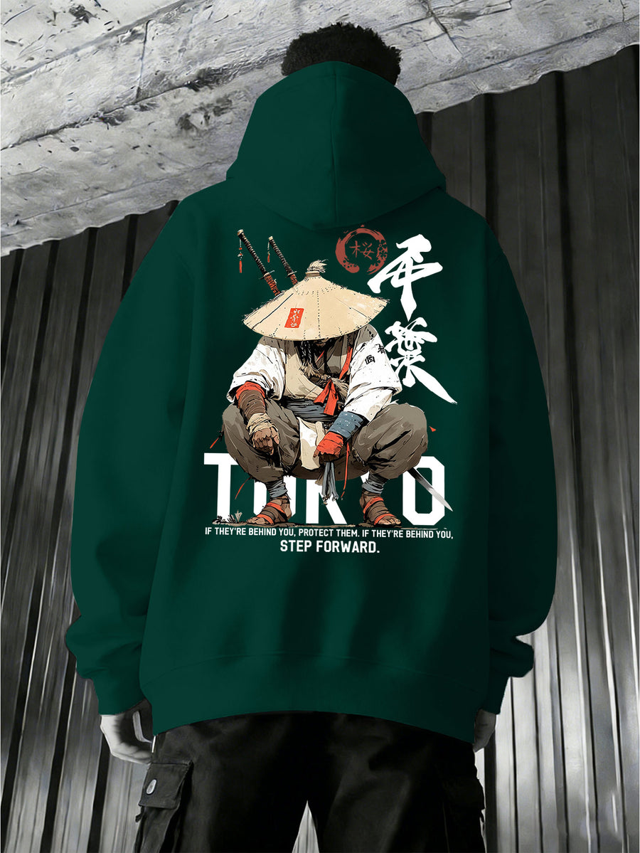 Men'S Japanese Samurai Kendo Warrior Hooded Sweatshirt | Casual Hooded, Heavy-weight, Slight Stretch Fabric, Geometric-pattern, Perfect for Spring/Fall - Dark Green