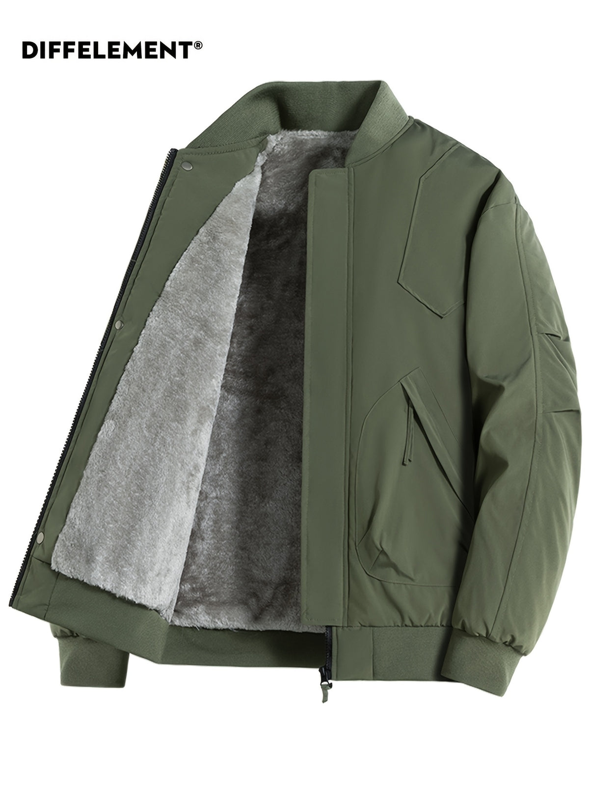 DIFFELEMENT 1pc Men's -Lined Thickened Baseball Collar Flight Jacket, Windproof and Warm with Inner Lining, Outer Jacket with Zipper Pockets, Zipper Cardigan Jacket, Regular Fit Design, Suitable for Daily Casual Wear and Outdoor Activities for Cold - Military Green