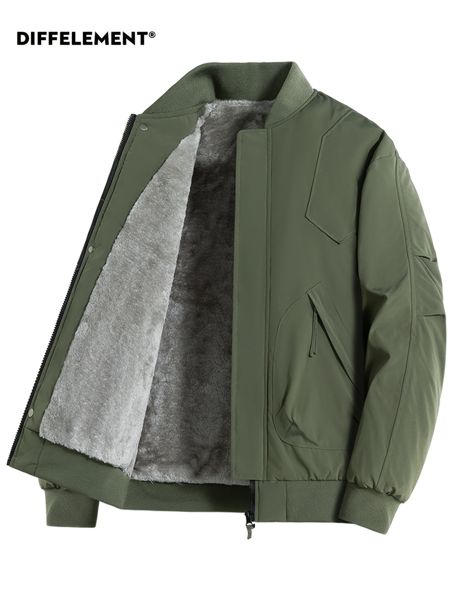 DIFFELEMENT 1pc Men's -Lined Thickened Baseball Collar Flight Jacket, Windproof and Warm with Inner Lining, Outer Jacket with Zipper Pockets, Zipper Cardigan Jacket, Regular Fit Design, Suitable for Daily Casual Wear and Outdoor Activities for Cold - Military Green