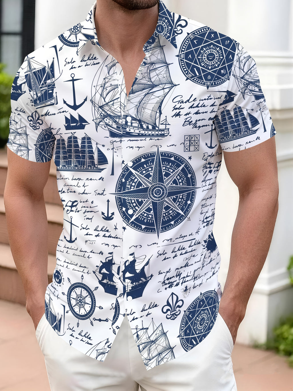 Men's Nautical Sailor Button- Shirt Short Sleeve - Full-Zone Maritime Print Collar Button-Front Top Suitable for Beach Vacation, Casual Streetwear & Couple Outfits, Machine Washable Summer Nautical Attire - Light Blue