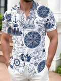 Men's Nautical Sailor Button- Shirt Short Sleeve - Full-Zone Maritime Print Collar Button-Front Top Suitable for Beach Vacation, Casual Streetwear & Couple Outfits, Machine Washable Summer Nautical Attire - Light Blue