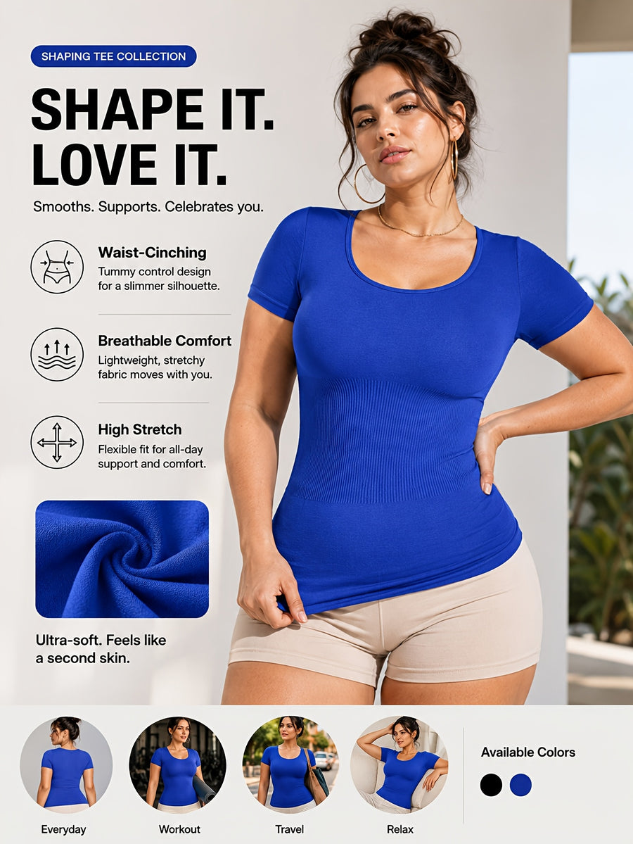 Women's Seamless Shapewear Top Short Sleeve Tummy Control Compression Shirt Slim Fit Body Shaping T-Shirt Women's Short Sleeve Shaping Top Seamless Tummy Control Shirt Slim Fit Compression T-Shirt Casual Activewear - Blue