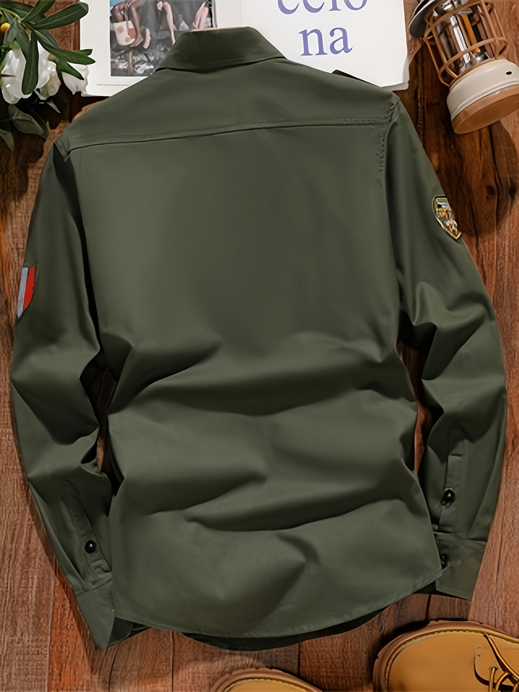 New Men's Cotton -Style Long-Sleeve Shirt Jacket, Casual Business Long-Sleeve Button-Up with Shoulder Epaulette Pattern, Regular Fit Trendy Workwear Men's Outerwear - olive drab