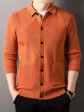 Du Jing Lan OBM Men's Autumn/Winter New Arrival Knitted Cardigan, Old Money Style Solid Color Lapel Pocket Open Front Single-Breasted Knit Cardigan, Men's Business Casual Fashion Open Front Knit Cardigan Top, Suitable for Layering in Spring - Orange