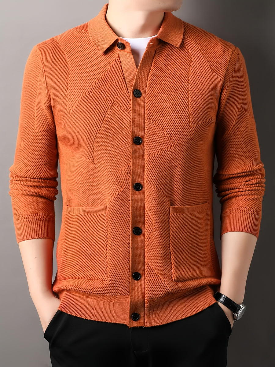 Du Jing Lan OBM Men's Autumn/Winter New Arrival Knitted Cardigan, Old Money Style Solid Color Lapel Pocket Open Front Single-Breasted Knit Cardigan, Men's Business Casual Fashion Open Front Knit Cardigan Top, Suitable for Layering in Spring - Orange