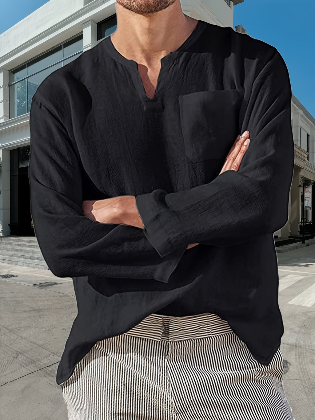long-sleeved shirt Men's solid color V-neck casual shirt Men's gentle beach Hawaiian pullover breathable comfortable shirt - Black