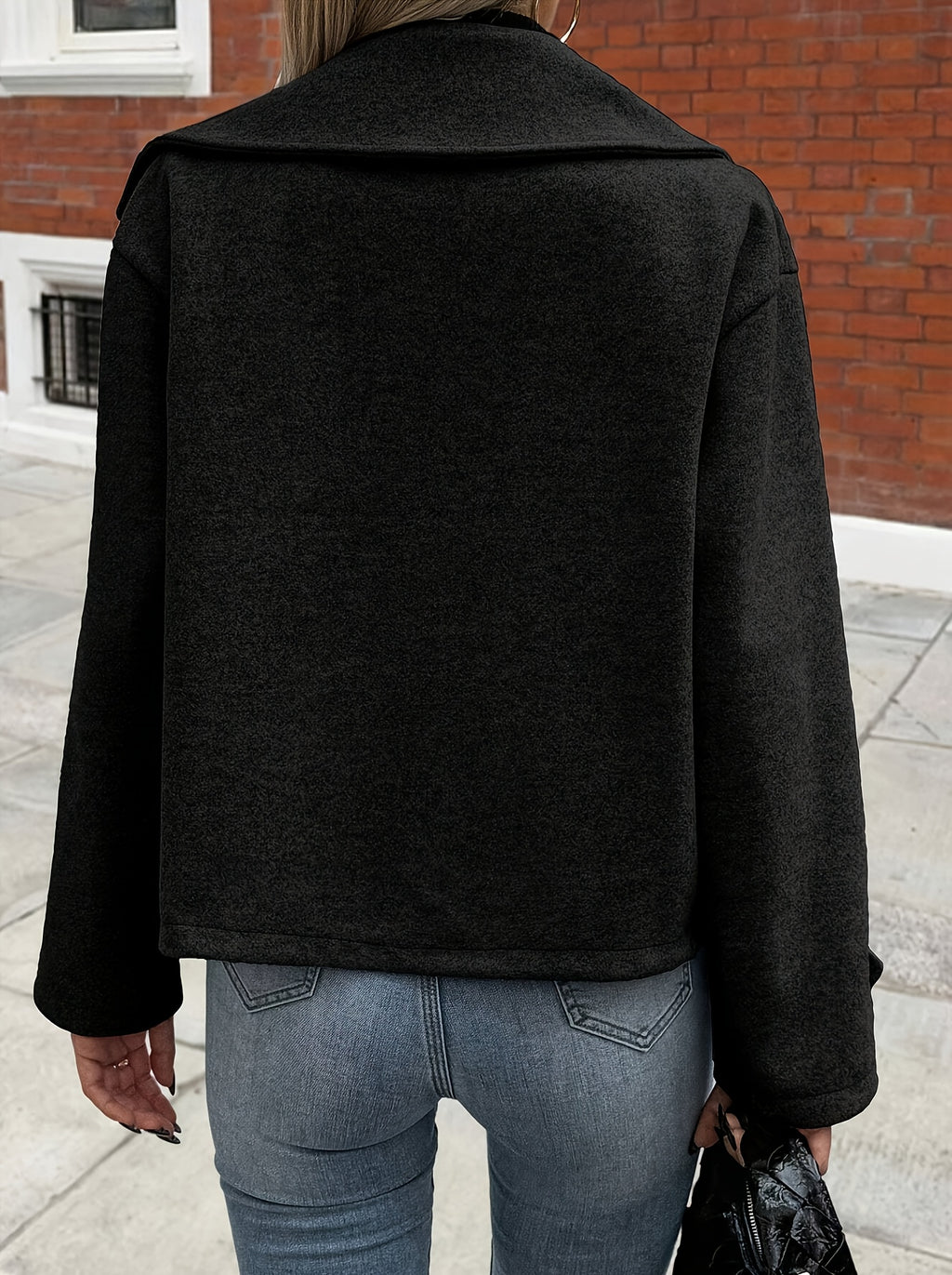 Women's Large Turn- Collar Decorative Button Long Sleeve Casual Loose Coat - Black