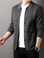 Men's Air-Layer Jacquard Cardigan -Front Lapel - Warm Winter Outerwear Suitable for Fall/Winter, Casual -Front Door Collar, Hand Washable Solid Color Blazer - Grey
