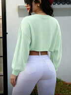 Women'S Loose Ribbed Short Top - Casual Retro Oversized Long Sleeve Blouse, Suitable for Casual/High-Waist Pairing, Versatile Daily/Streetwear Style 9A11841 - Light Green