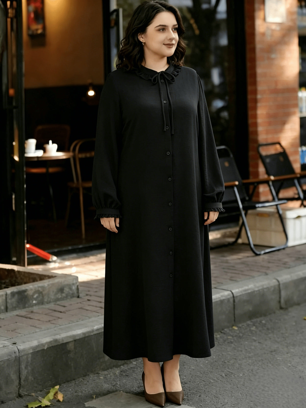 Eid Al-Fitr Abaya Dress Elegant Women'S Dress Solid Color Ruffle Round Neck Drawstring Button Long Sleeve Dress Casual Home Commute Dress - Black