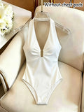 Autumn/Winter Halter Neck Deep V-Neck Sleeveless Bodysuit for Women, Niche Design Slim-Fit Waist-Cinching Base Layer, Solid Color Versatile Daily Outerwear Tight-Fitting Bodysuit Top (Without Breast Pads) - White