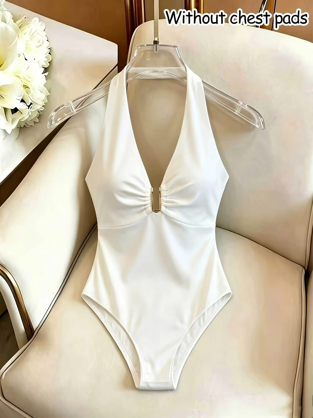 Autumn/Winter Halter Neck Deep V-Neck Sleeveless Bodysuit for Women, Niche Design Slim-Fit Waist-Cinching Base Layer, Solid Color Versatile Daily Outerwear Tight-Fitting Bodysuit Top (Without Breast Pads) - White