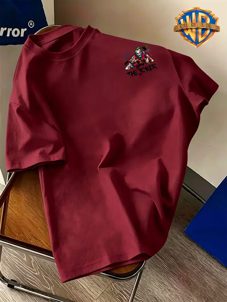 Back-To-School Season Warner Authorized Pure Men'S Short Sleeve T-Shirt, Street Graffiti Style Red Suit Joker Victory Gesture Half-Body Portrait Creative Cartoon Pattern Print, Men'S Casual Trendy Summer Top, Multiple Sizes Available - Burgundy