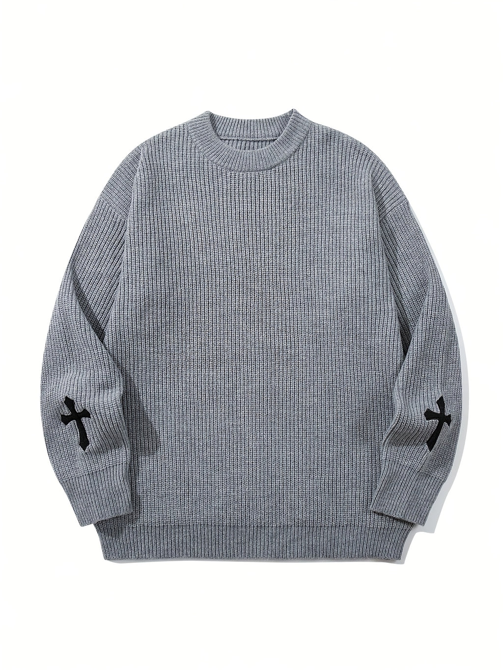 Korean Style Autumn Clothing Back to School Opening Outfit Round Neck Ribbed Label Embroidered Sweater Men Women Trendy Unisex Autumn Winter Fashion Round Neck Pullover Long Sleeve Knit Loose All-Match Top - Grey