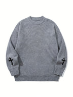Korean Style Autumn Clothing Back to School Opening Outfit Round Neck Ribbed Label Embroidered Sweater Men Women Trendy Unisex Autumn Winter Fashion Round Neck Pullover Long Sleeve Knit Loose All-Match Top - Grey