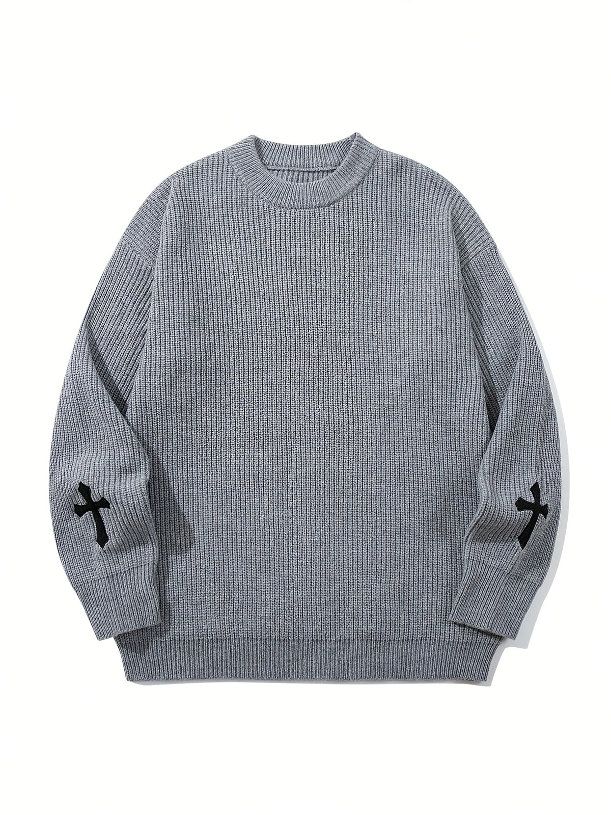Korean Style Autumn Clothing Back to School Opening Outfit Round Neck Ribbed Label Embroidered Sweater Men Women Trendy Unisex Autumn Winter Fashion Round Neck Pullover Long Sleeve Knit Loose All-Match Top - Grey