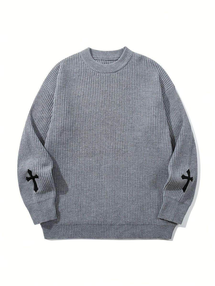 Korean Style Autumn Clothing Back to School Opening Outfit Round Neck Ribbed Label Embroidered Sweater Men Women Trendy Unisex Autumn Winter Fashion Round Neck Pullover Long Sleeve Knit Loose All-Match Top - Grey