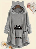 Order/Women's Autumn Winter Fashion Hooded Long Sleeve Fuzzy Pocket Cartoon Kitten Print Design Hoodie - Grey