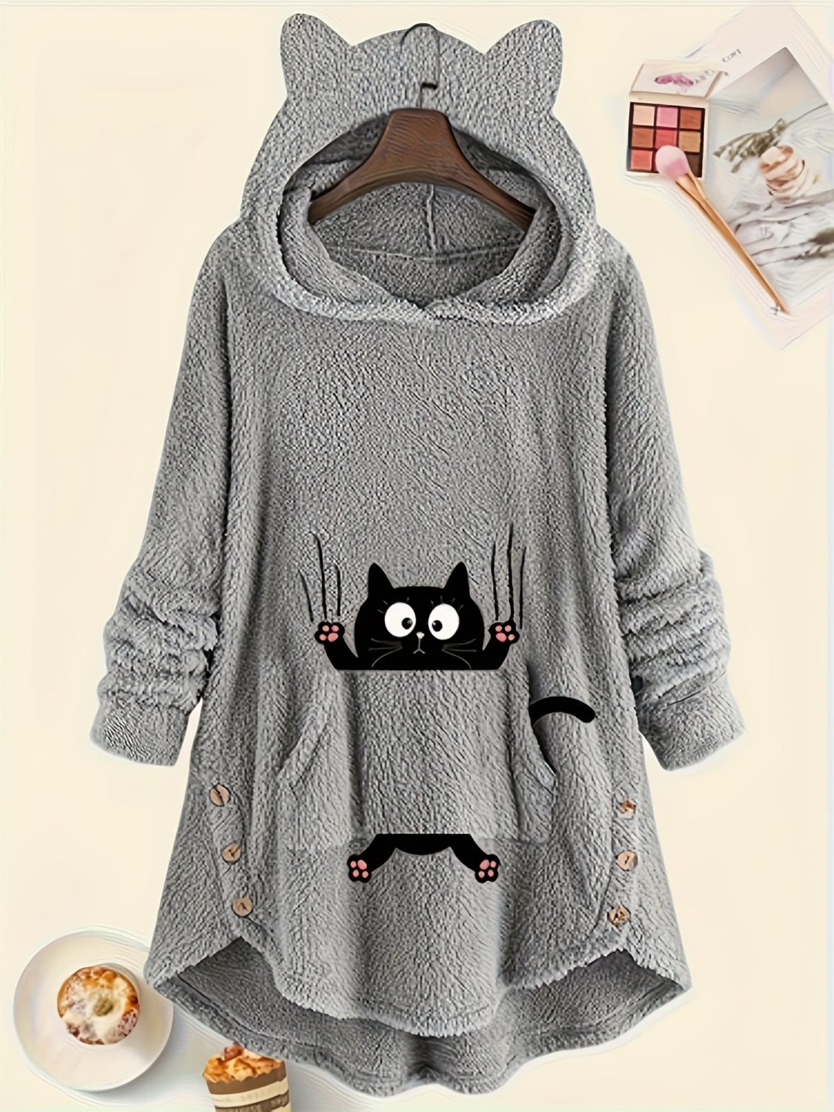 Order/Women's Autumn Winter Fashion Hooded Long Sleeve Fuzzy Pocket Cartoon Kitten Print Design Hoodie - Grey