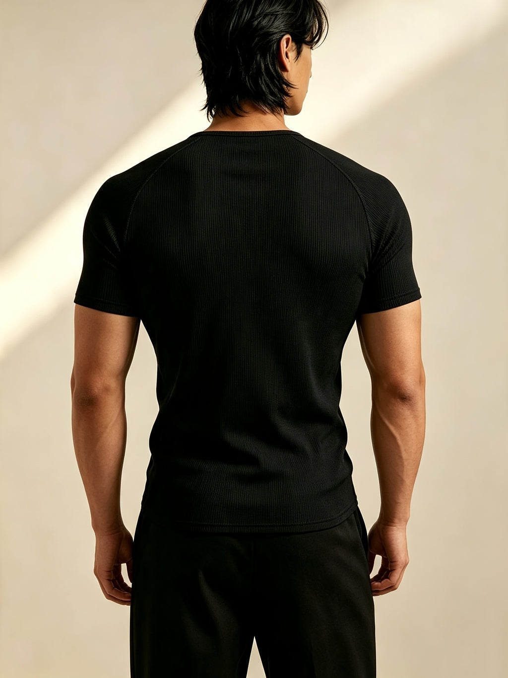 Men's Vertical Ribbed Pin Stripe Henley Neck Short Sleeve T-Shirt, Slim Fit Muscle-Defining Shaping Top, Stretchy Breathable Ribbed Raglan Sleeve Knitwear, Versatile Henley Shirt for Fitness, Commuting, and Daily Wear - Black