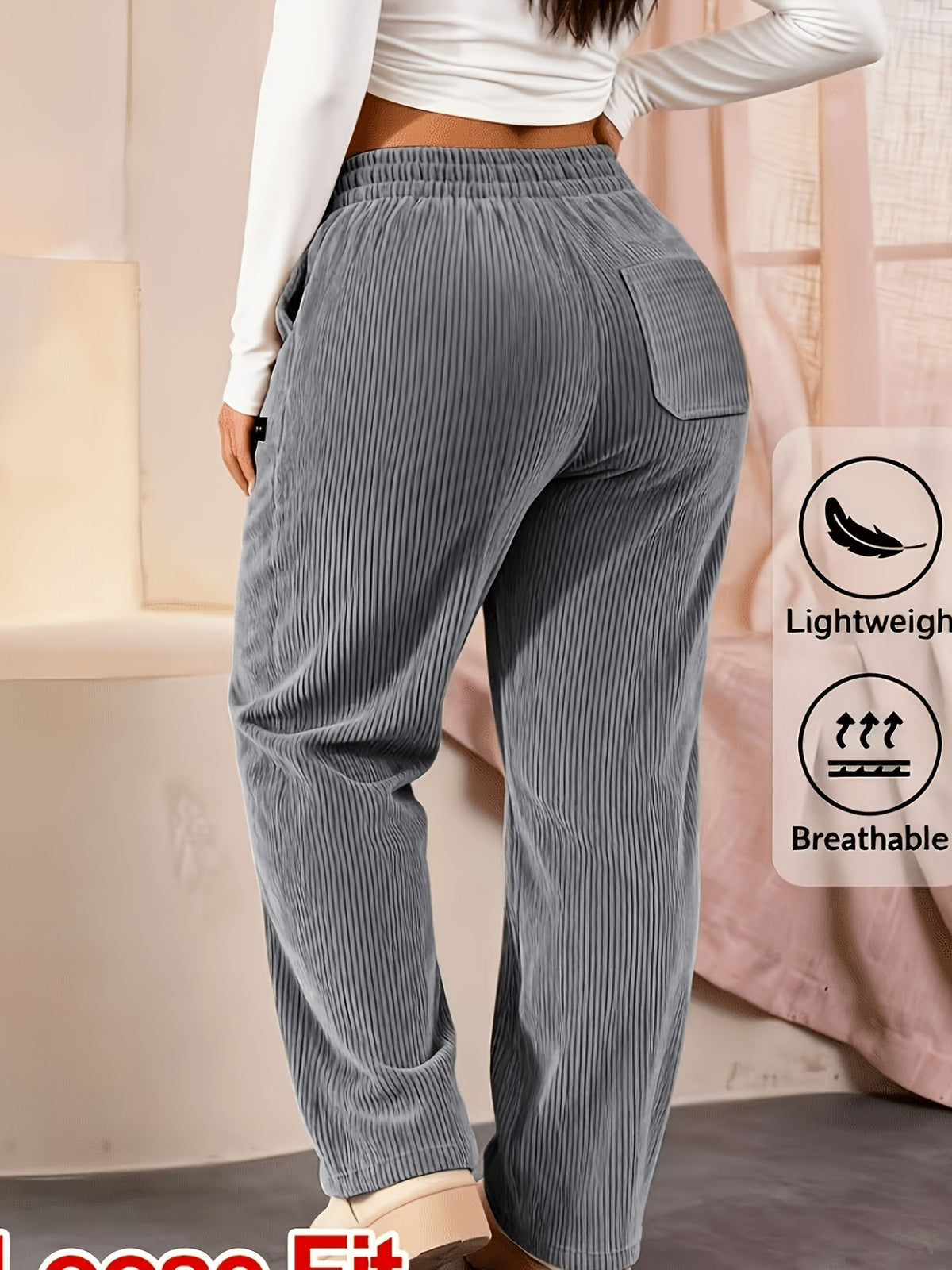 Plus Size Loose Comfortable Corduroy Casual Style Long Pants Home Pants Pants Wearable Outside - Grey