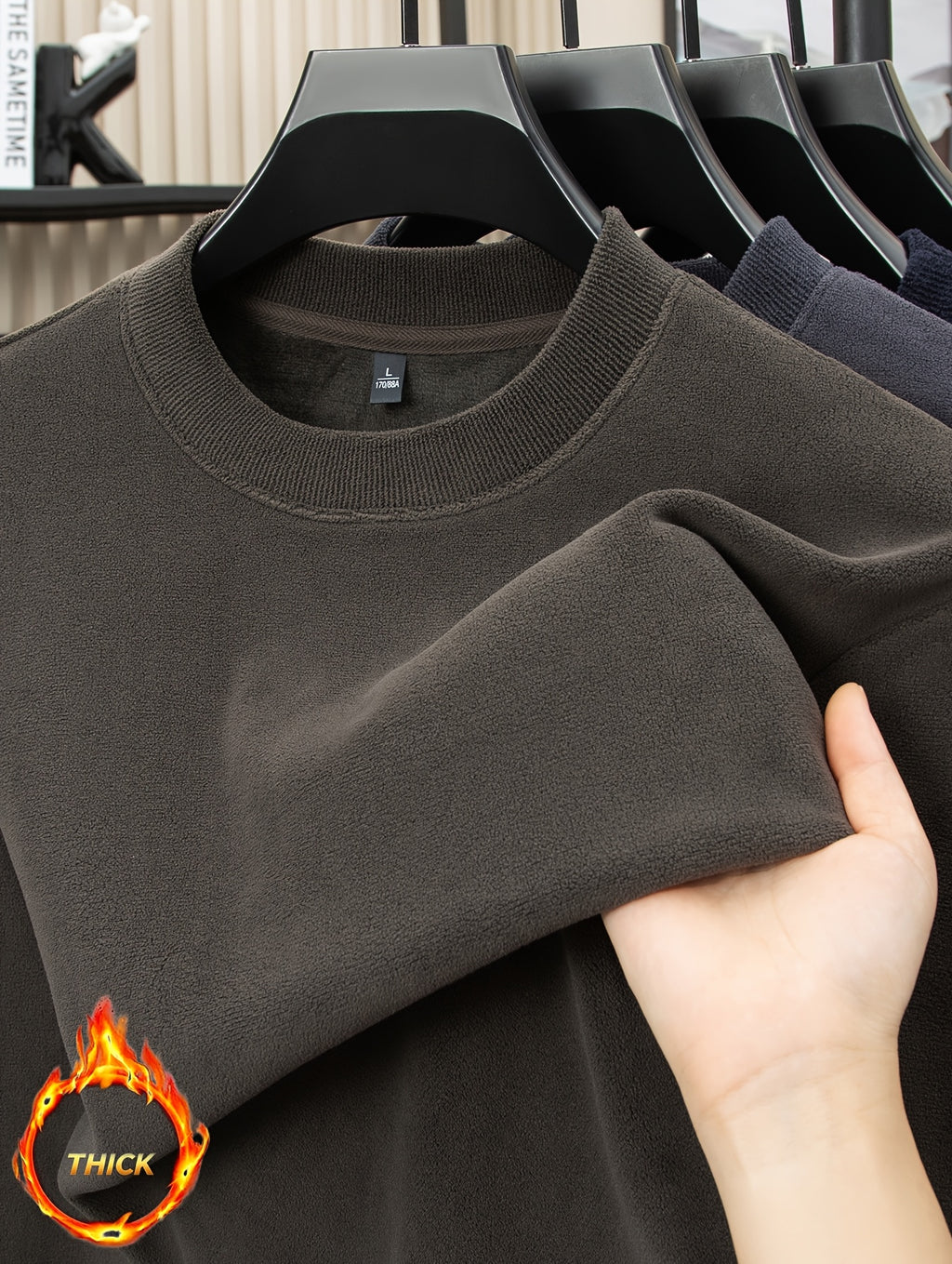 Autumn/Winter Men's -Lined Thickened Warm Base Layer Shirt, Crew Neck Long Sleeve T-Shirt, Solid Color Stretchy Inner Layer Casual Sweatshirt Top - Green