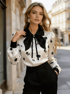 Women's Satin Rose-print Top, Long-sleeve Button-up Shirt with Bow Collar - White