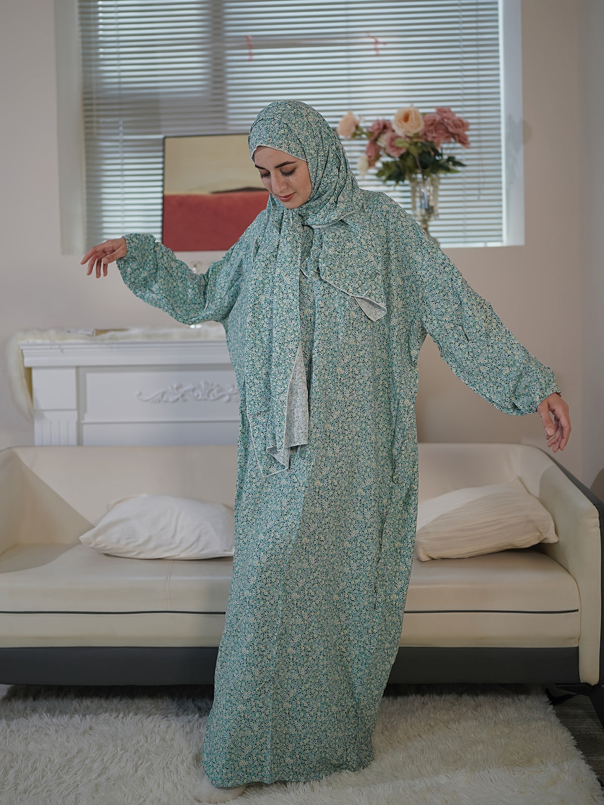 Elegant Floral Print Viscose Abaya for Women - Stylish Long Sleeve Prayer Robe with Zipper Detail, Loose Fit, Perfect for Spring/Summer, Comfortable & Versatile Middle Eastern Wear, Summer Abaya|Floral Pattern Robe|Elegant Appearance, Islamic Clothing - Light Cyan