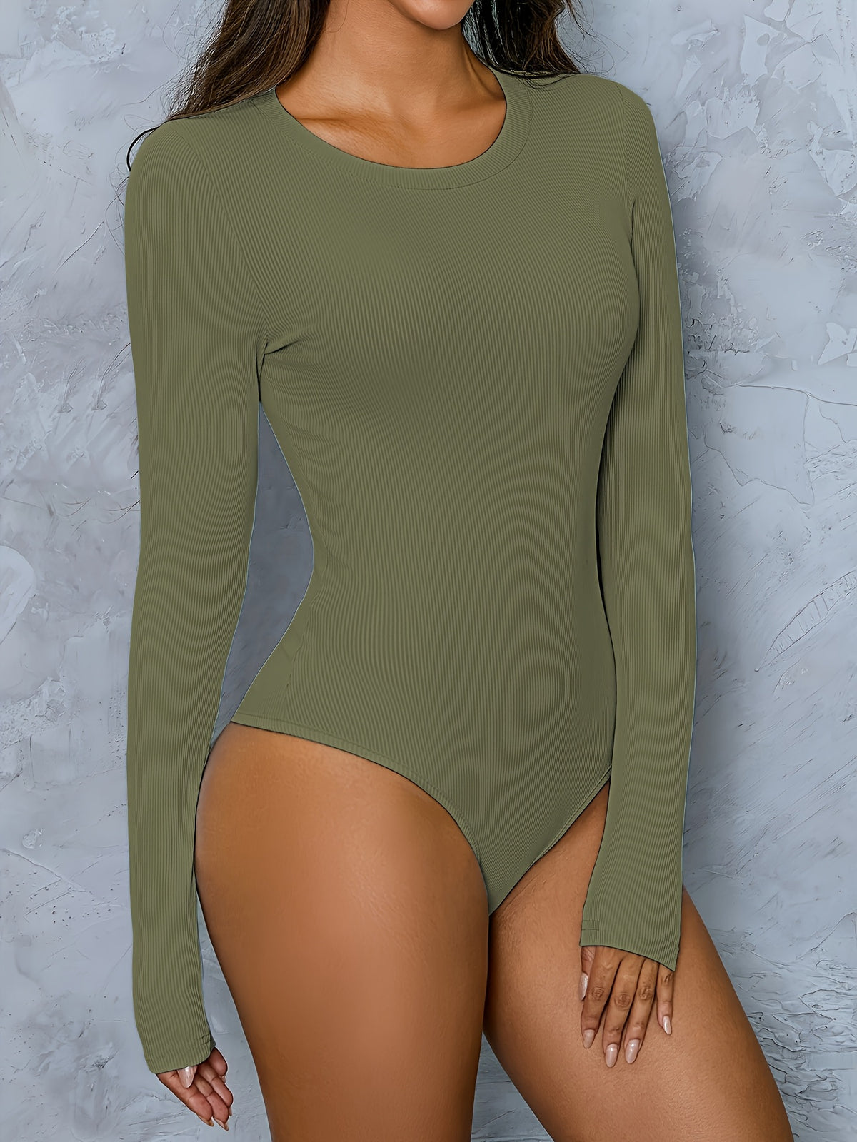 Basic Ribbed Bodysuit with Long Sleeves, Round Neck, Form-Fitting Design, Suitable for Wearing As a Versatile Layering Top - Olive Green