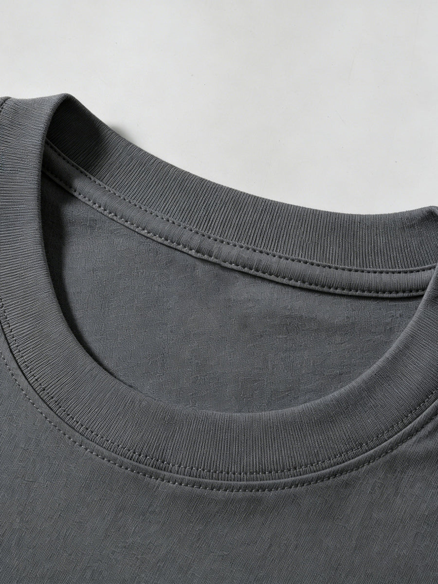 Short-sleeve T-shirt, Round Neck, Pure Cotton, Popular Summer All-season Landscape Print Featuring Mountains, Trees, and Animals. Breathable, Casual, and Versatile for Fitness. New Summer Pattern Print, Fashionable and Casual Style Suitable - Deep Gray