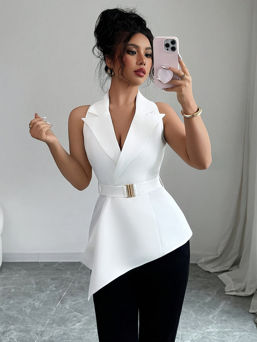 Women'S Stylish Sleeveless Blazer with an Asymmetrical Hem - White