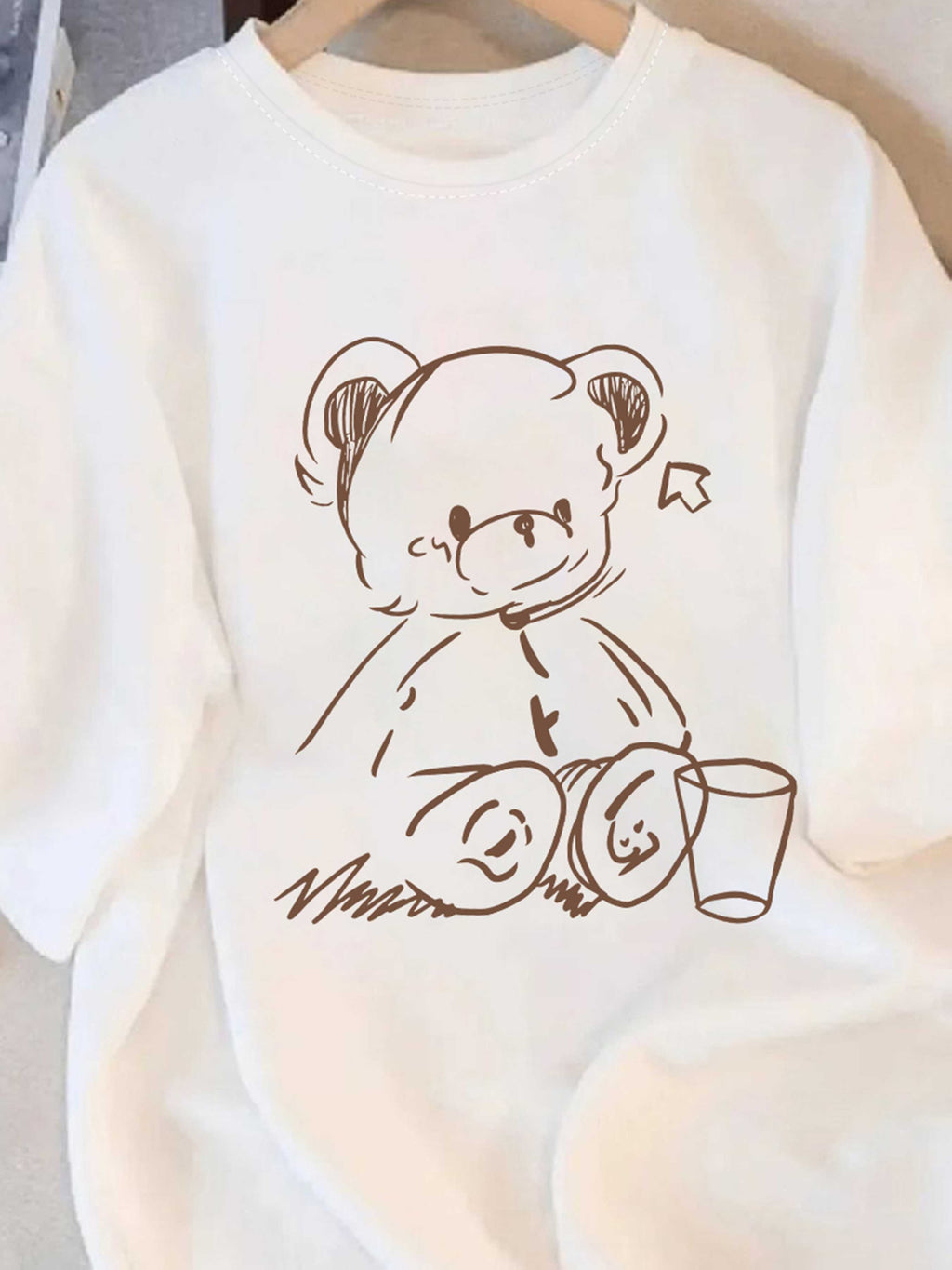 Fashion New Women's Round Neck Bear Print Short Sleeve Summer Casual T-Shirt - White