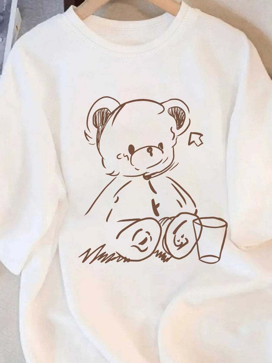Fashion New Women's Round Neck Bear Print Short Sleeve Summer Casual T-Shirt - White