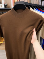 [Wading Whale OBM] 1pc Spring Summer New Men'S Knit Pullover Sweater, Old Money Style Textured Solid Color Short Sleeve T-Shirt, Casual Fashion Thin Breathable Ribbed Pullover Sweater Base Layer Top, Suitable for Spring And Summer Wear - Coffee Brown