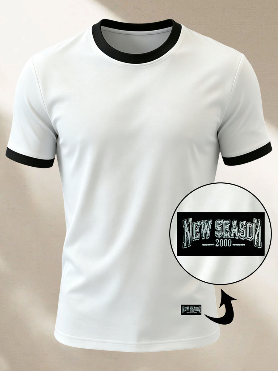 100% Cotton Men's Knitted Color-Block Crew Neck Patched T-Shirt, Summer All-Season Base Layer, Factory-Made for Men, Comfortable, High Quality, High Fit Rate, Casual Sportswear with Contrast Hem and Patch Appliqué - White and Black ZZ020