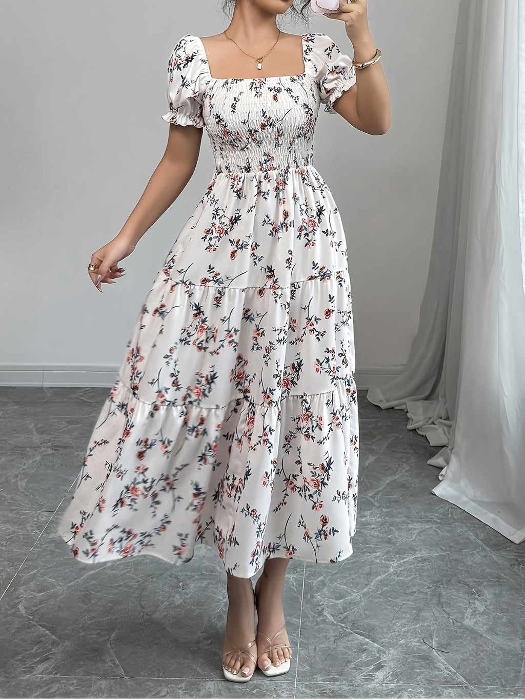 Square Neck Ruched Short Sleeve Ruffle Hem Dress for Women 8038 - Floral Dress