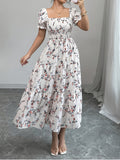 Square Neck Ruched Short Sleeve Ruffle Hem Dress for Women 8038 - Floral Dress