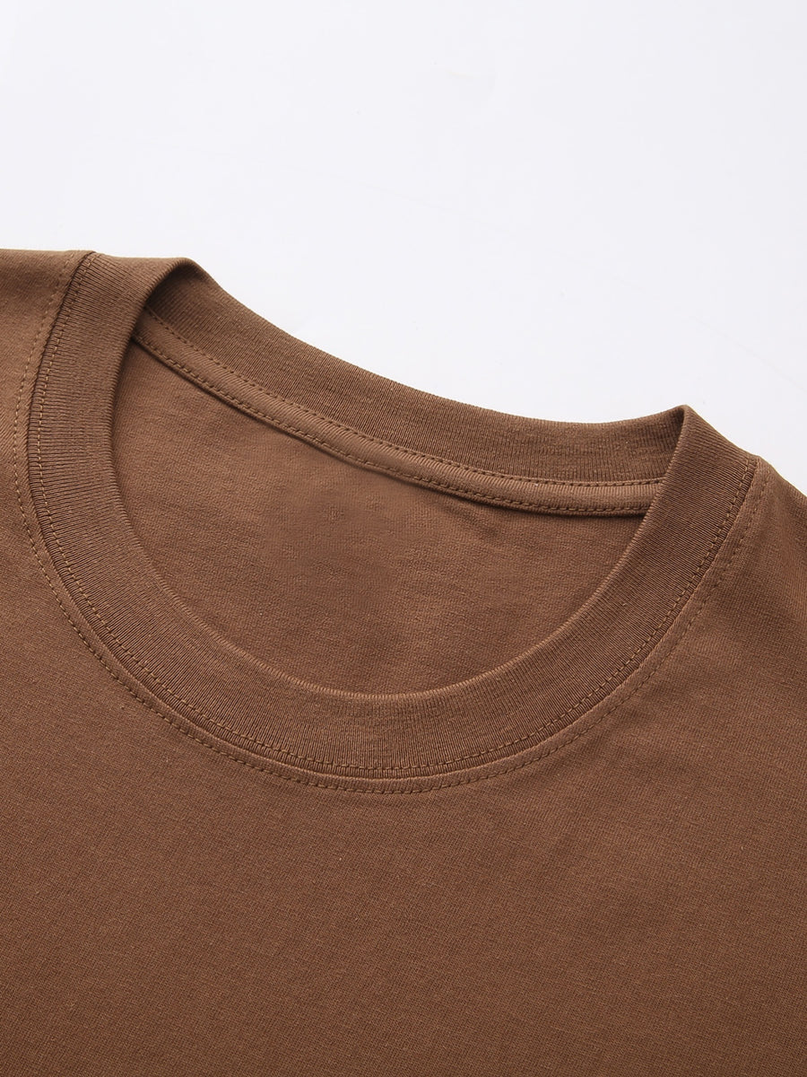 Men's New Style Pure Cotton Short Sleeve Crew Neck T-Shirt with "Ocean Call" Print, Suitable for Vacation, Leisure, Comfortable, Soft, Breathable, Summer Essential - Coffee Brown