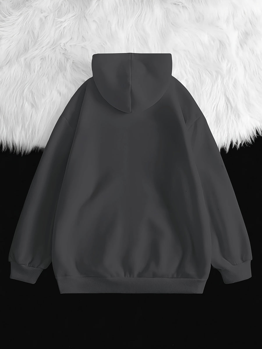 American Casual Style Women's Sweatshirt with Letter Print, Casual Zip-Up Hoodie in Loose Fit, Suitable for Autumn & Winter Wear - Dark Gray