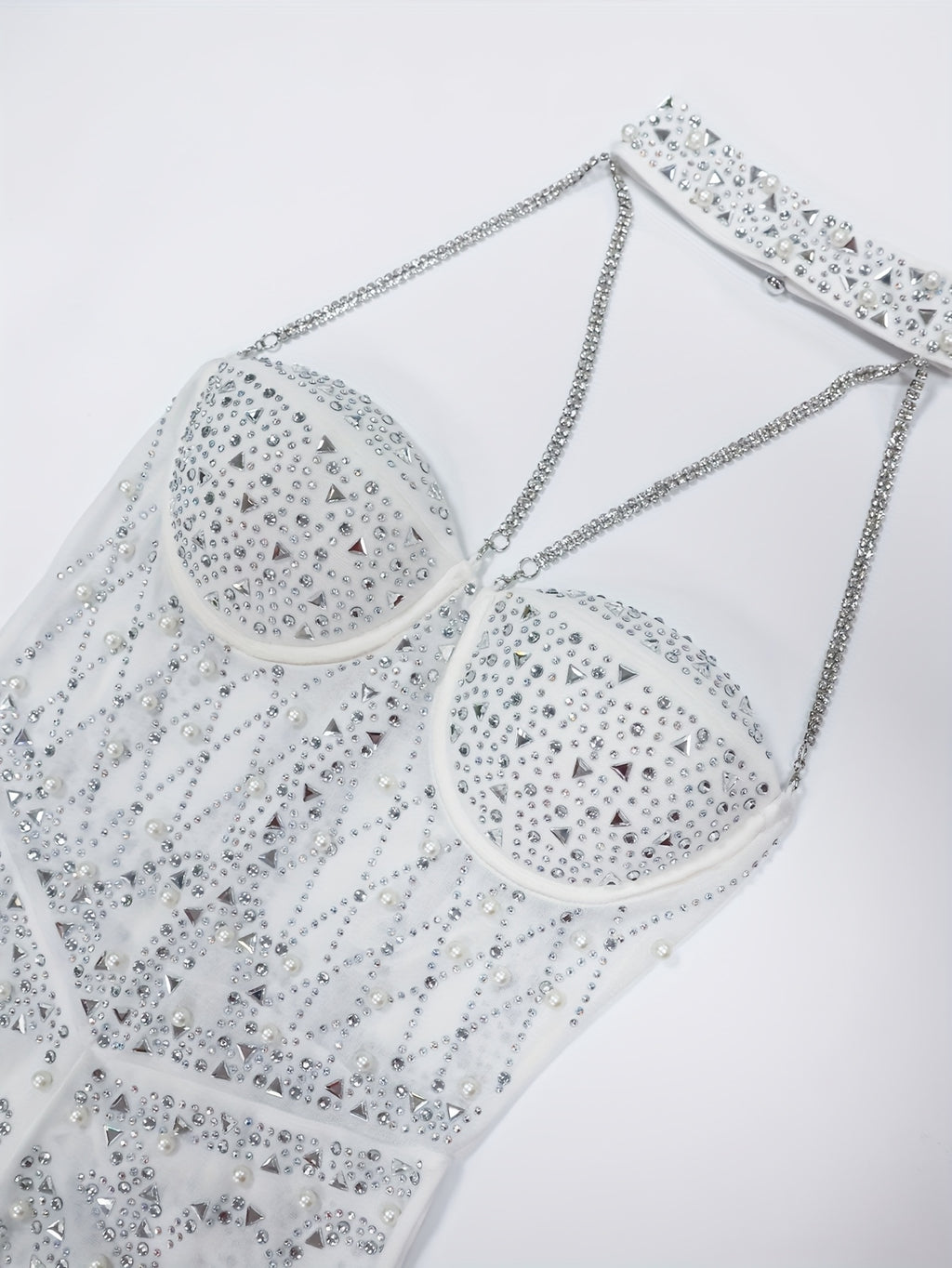 Women'S Sleeveless Halter Neck Sequin Beaded Mesh Semi-Sheer Bodycon Mini Dress, Sparkling Beaded And Hot-Stamped Design on Top, Artificial Feather Skirt Design, Suitable for Dates, Casual Wear, Nightclubs, Parties, Stage, Bachelorette Parties - Milky