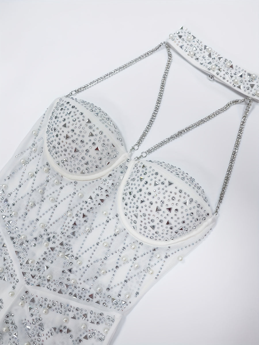 Women'S Sleeveless Halter Neck Sequin Beaded Mesh Semi-Sheer Bodycon Mini Dress, Sparkling Beaded And Hot-Stamped Design on Top, Artificial Feather Skirt Design, Suitable for Dates, Casual Wear, Nightclubs, Parties, Stage, Bachelorette Parties - Milky