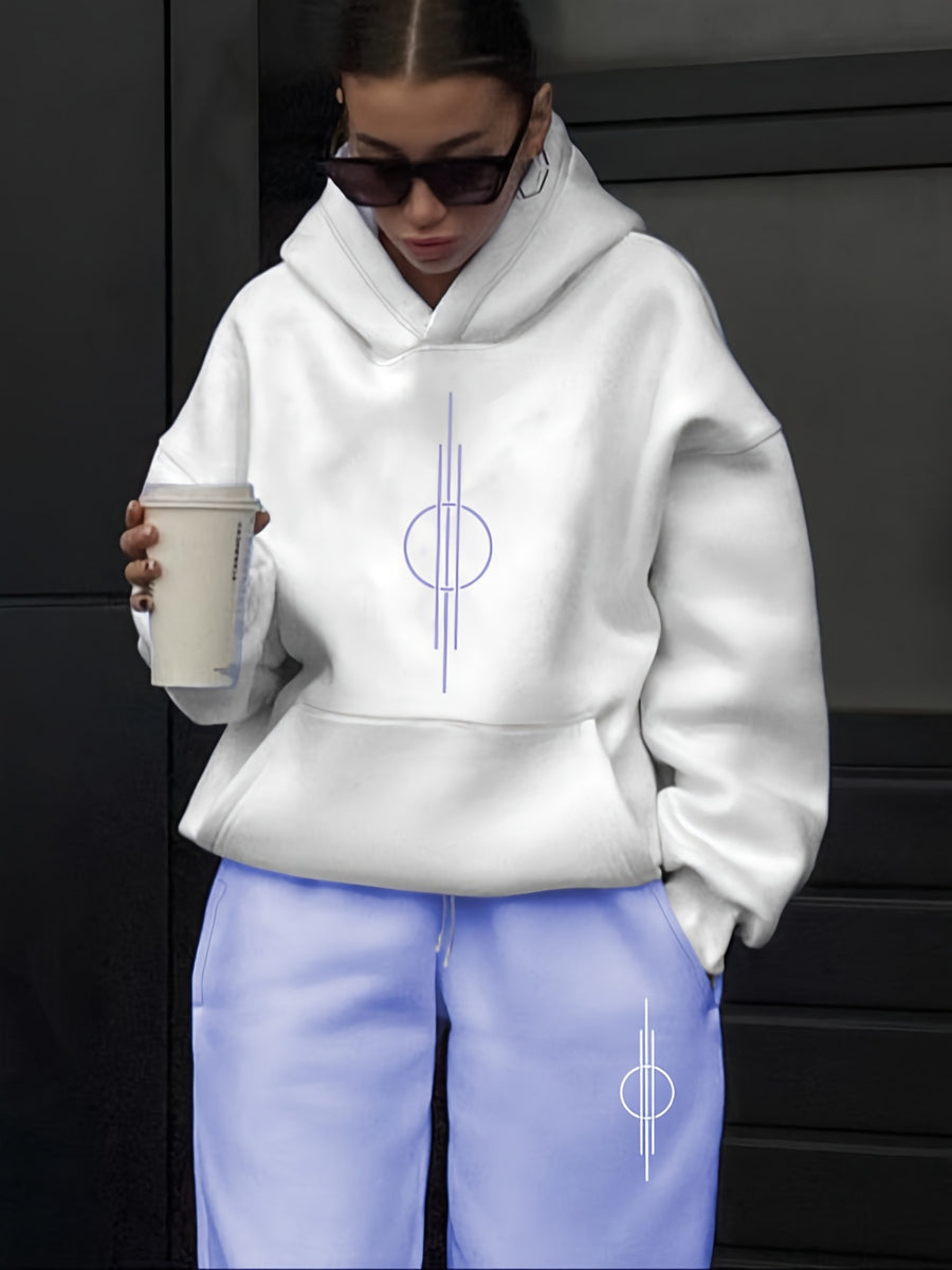 Women'S Stylish Leisure Patterned Outfit, a High-End Trendy Hooded Sweatshirt And Casual Pants Set for Autumn And Winter, Perfect for a Youthful Look. A Versatile Hooded Set for Women, Ideal As a Gift Choice - White+Light Purple