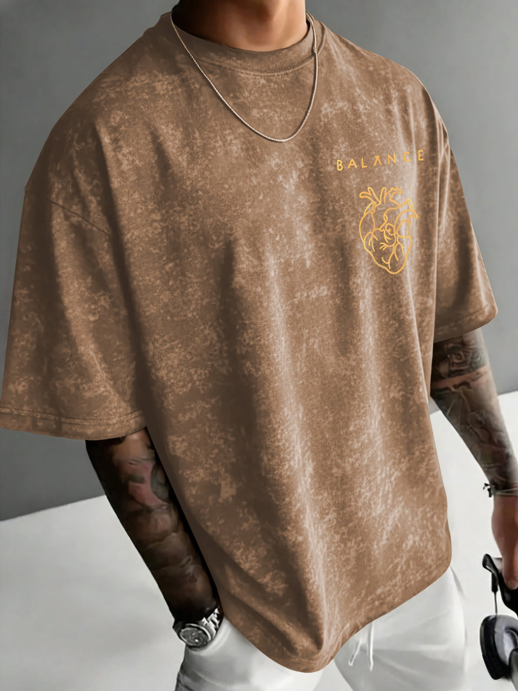 Men'S Distressed BALANCE Balance Print T-Shirt, Regular Casual Round Neck Short Sleeve, Minimalist Niche Trendy Top - Coffee Color