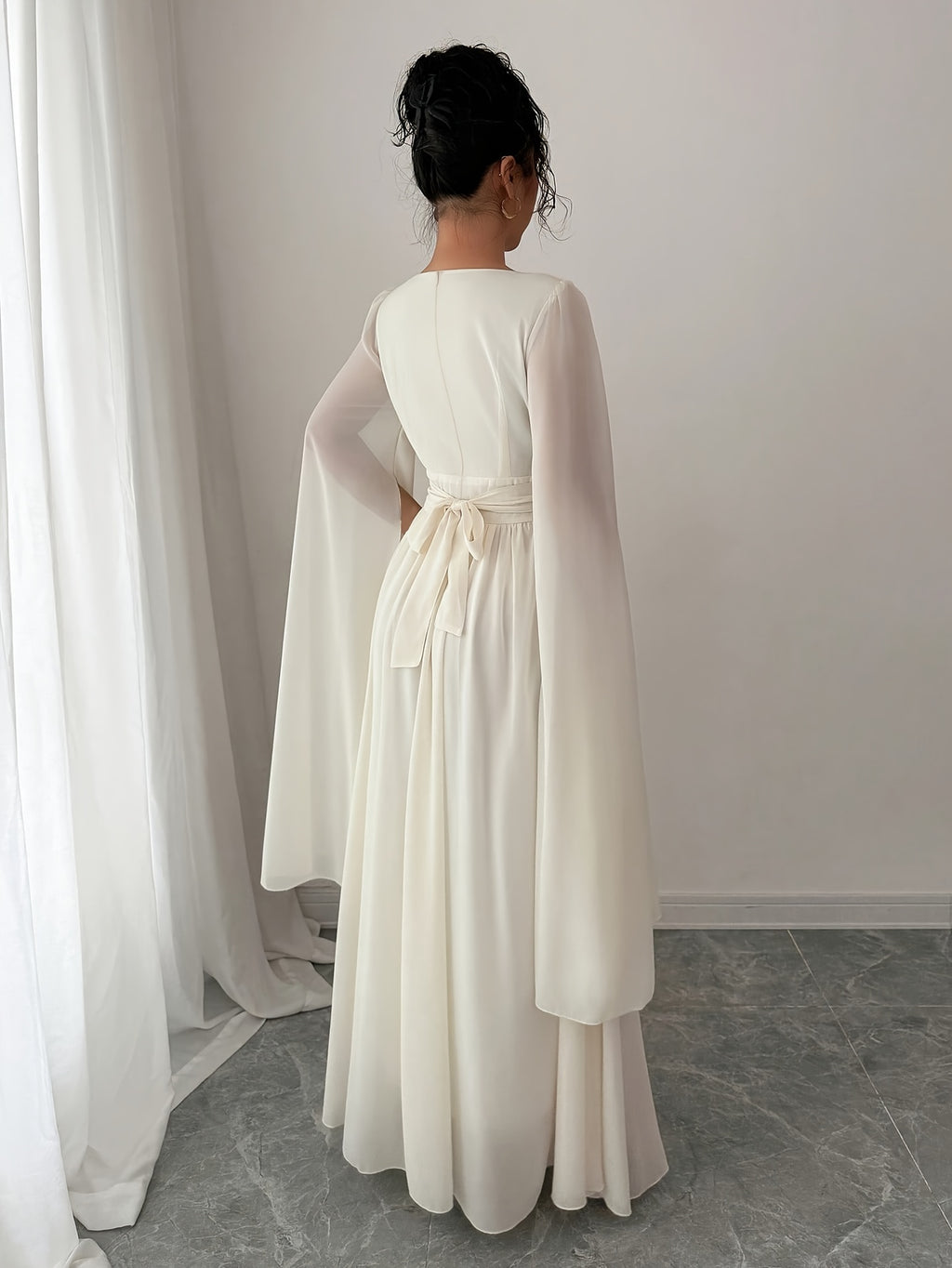 Women'S Autumn/Winter Solid Color Sequin Patchwork Tie Long Sleeve Split Chiffon Dress - Apricot
