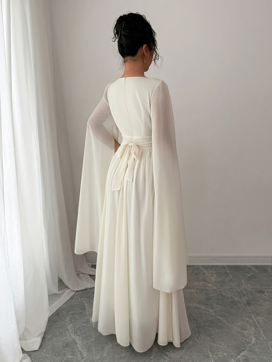 Women'S Autumn/Winter Solid Color Sequin Patchwork Tie Long Sleeve Split Chiffon Dress - Apricot
