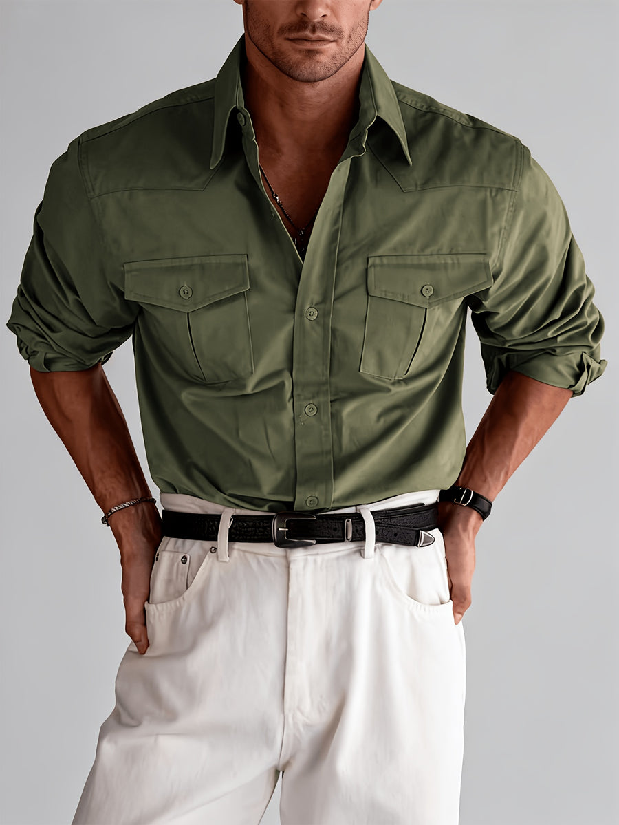 Spring And Autumn American Style Lapel Work Shirt, Preppy Easy Long Sleeve with Double Pockets, Casual Shirt for Daily Business Commute - Olive Green Color