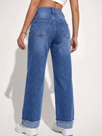 Women'S Fashion Trend Double-Breasted Flared Denim Jeans - Royal Blue